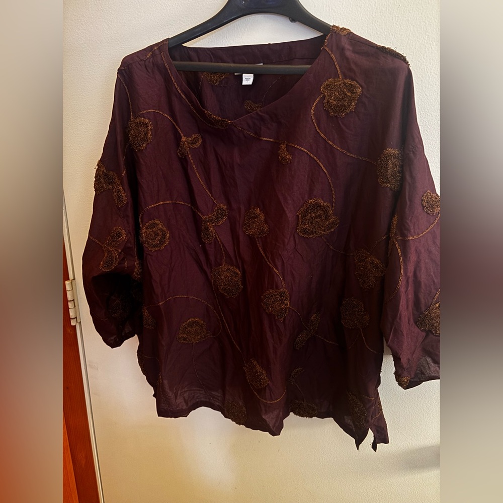 pure jill embroidered Plum Balloon Sleeve Women's Top